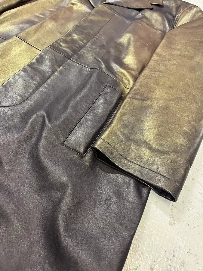 1990s Versace Brown Metallic Gold Leather Coat jSkCsmh 5