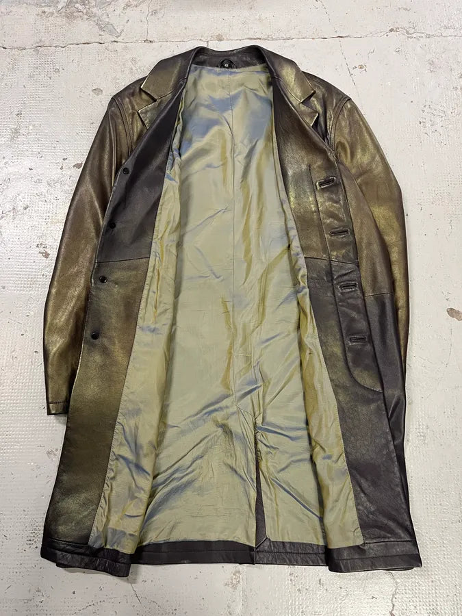 1990s Versace Brown Metallic Gold Leather Coat jSkCsmh 7