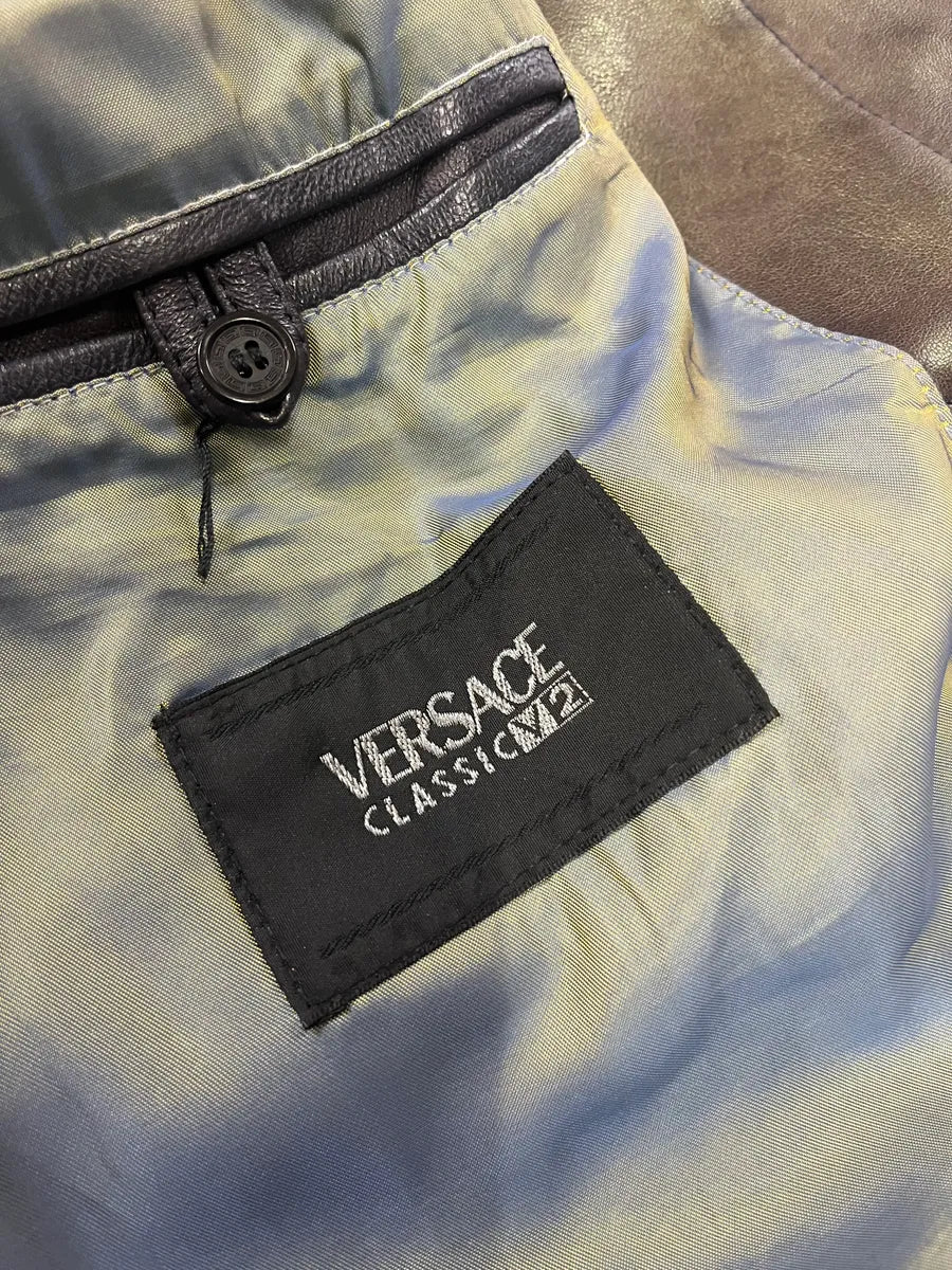 1990s Versace Brown Metallic Gold Leather Coat jSkCsmh 9