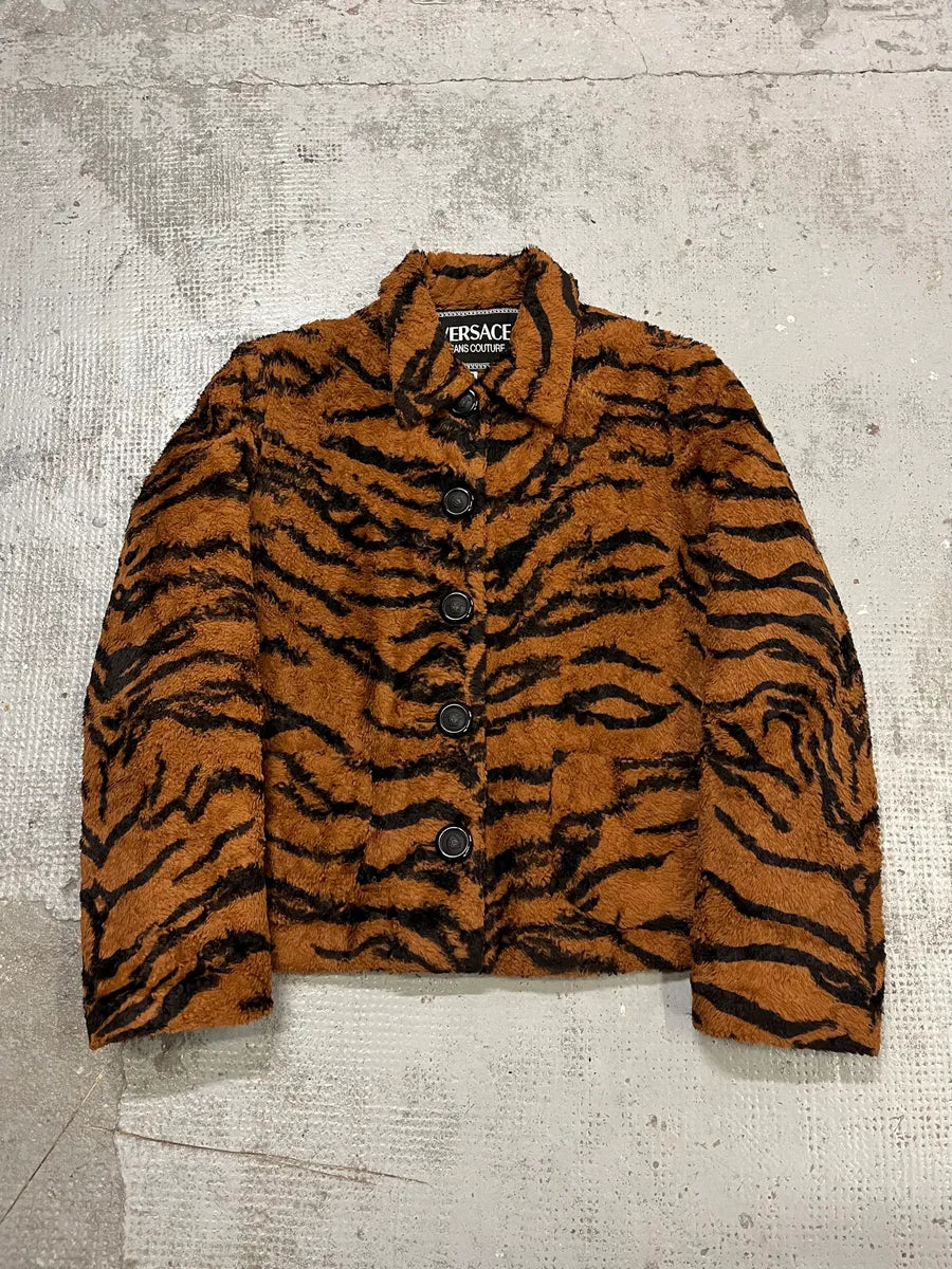 1990s Versace Brown Tiger Stripe Fuzzy Jacket lYgJpup 0