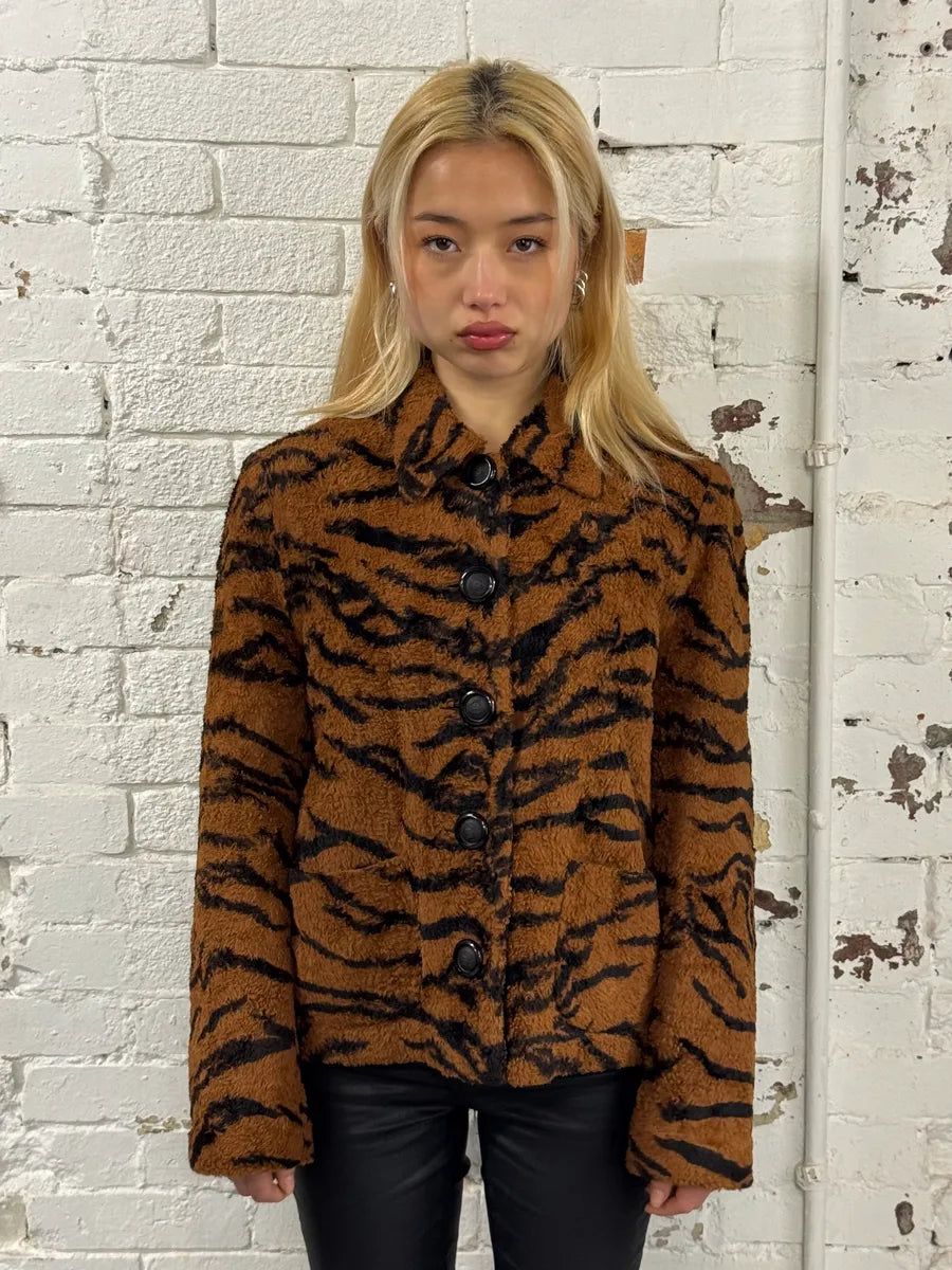 1990s Versace Brown Tiger Stripe Fuzzy Jacket lYgJpup 1
