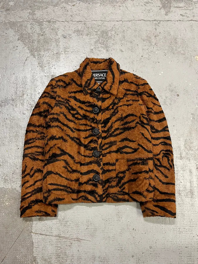 1990s Versace Brown Tiger Stripe Fuzzy Jacket lYgJpup 3