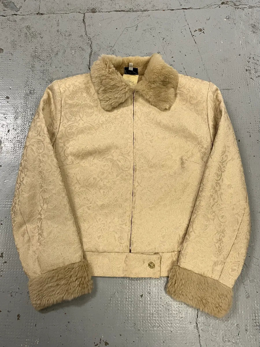 1990s Versace Ornamental Jacquard Fur Collar Beige Jacket fjTptip 0