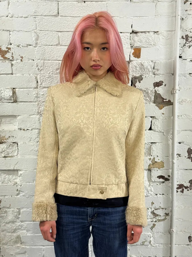 1990s Versace Ornamental Jacquard Fur Collar Beige Jacket fjTptip 1