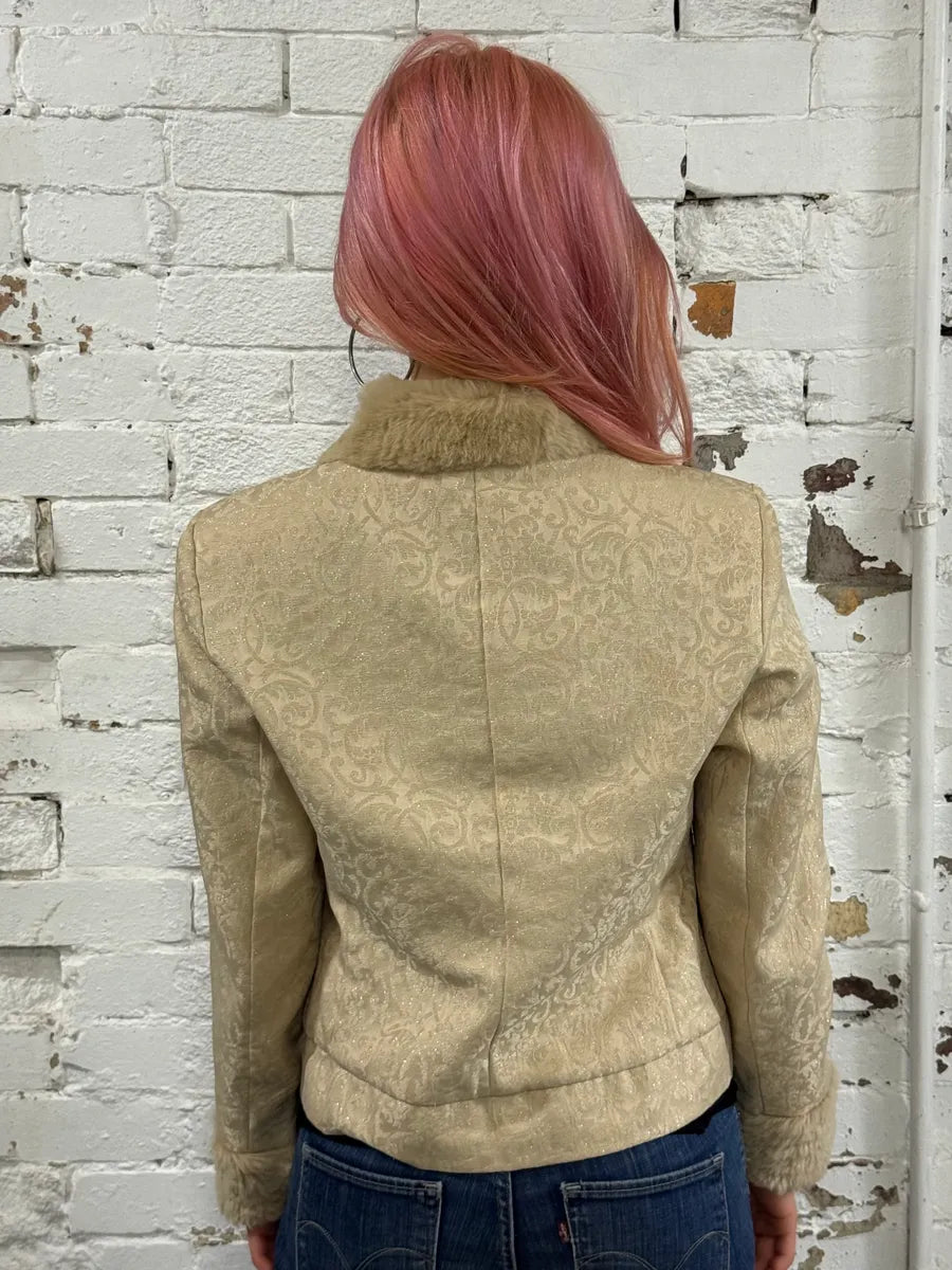 1990s Versace Ornamental Jacquard Fur Collar Beige Jacket fjTptip 2