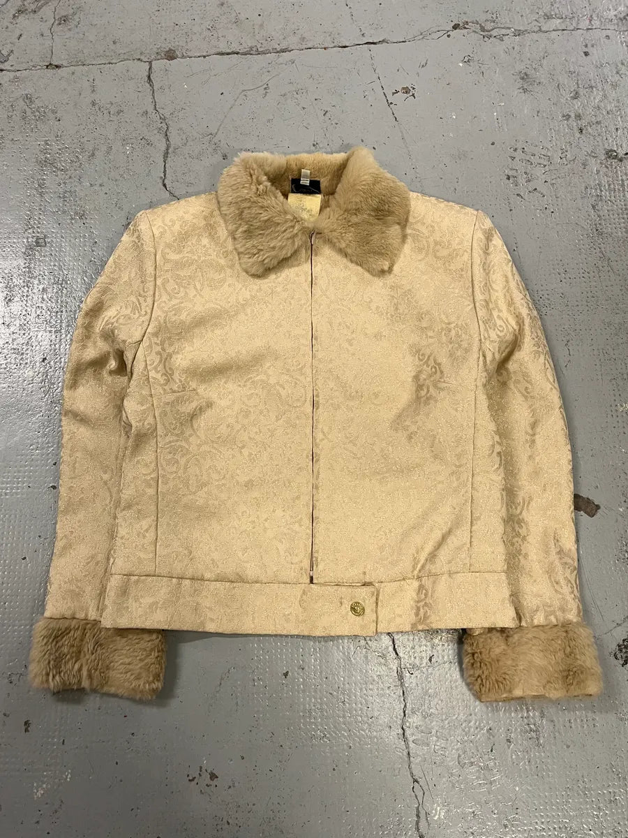 1990s Versace Ornamental Jacquard Fur Collar Beige Jacket fjTptip 3