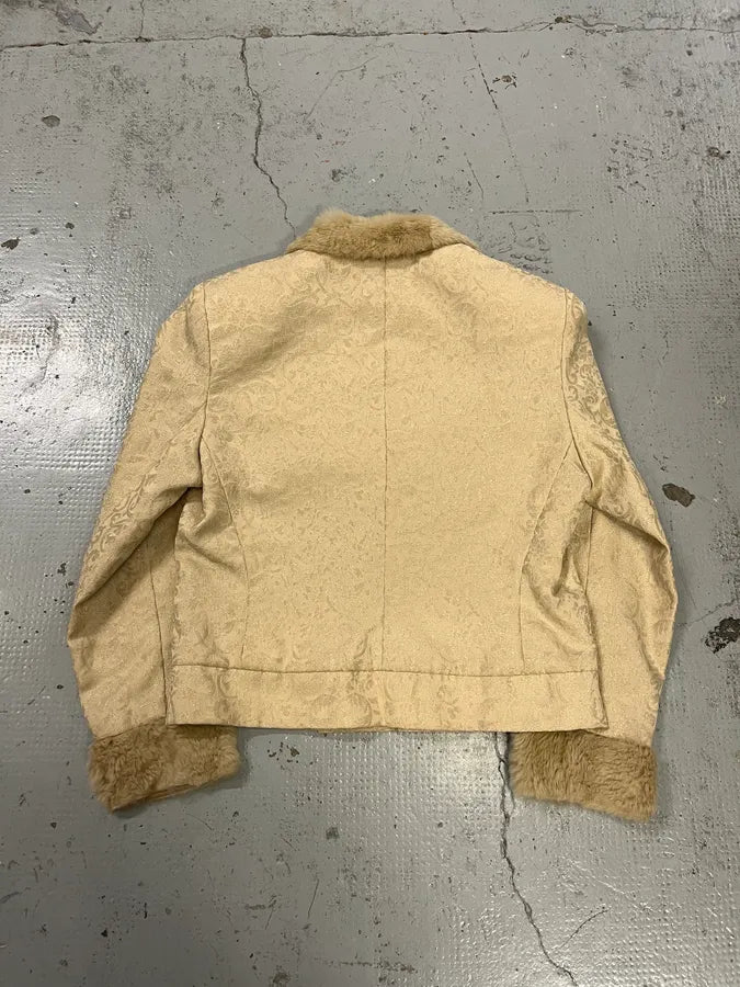 1990s Versace Ornamental Jacquard Fur Collar Beige Jacket fjTptip 7