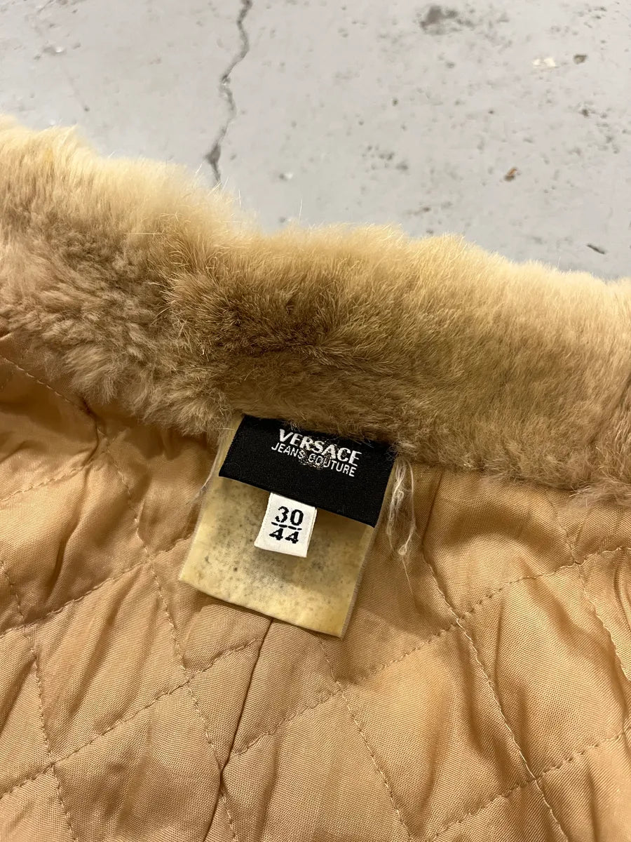 1990s Versace Ornamental Jacquard Fur Collar Beige Jacket fjTptip 9