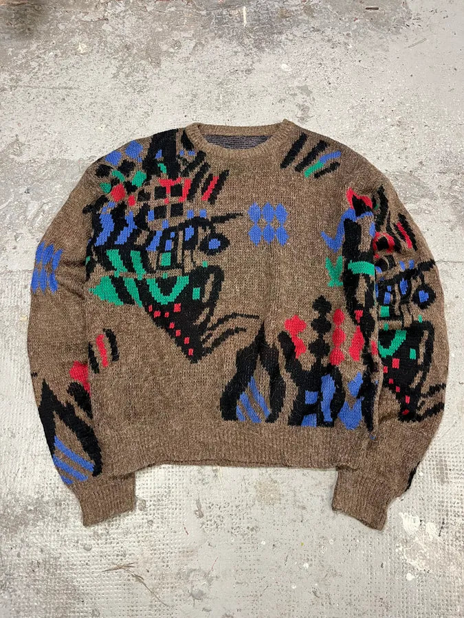 1990s Vintage Wool Brown Crazy Sweater (XL) xQcMbgk 0