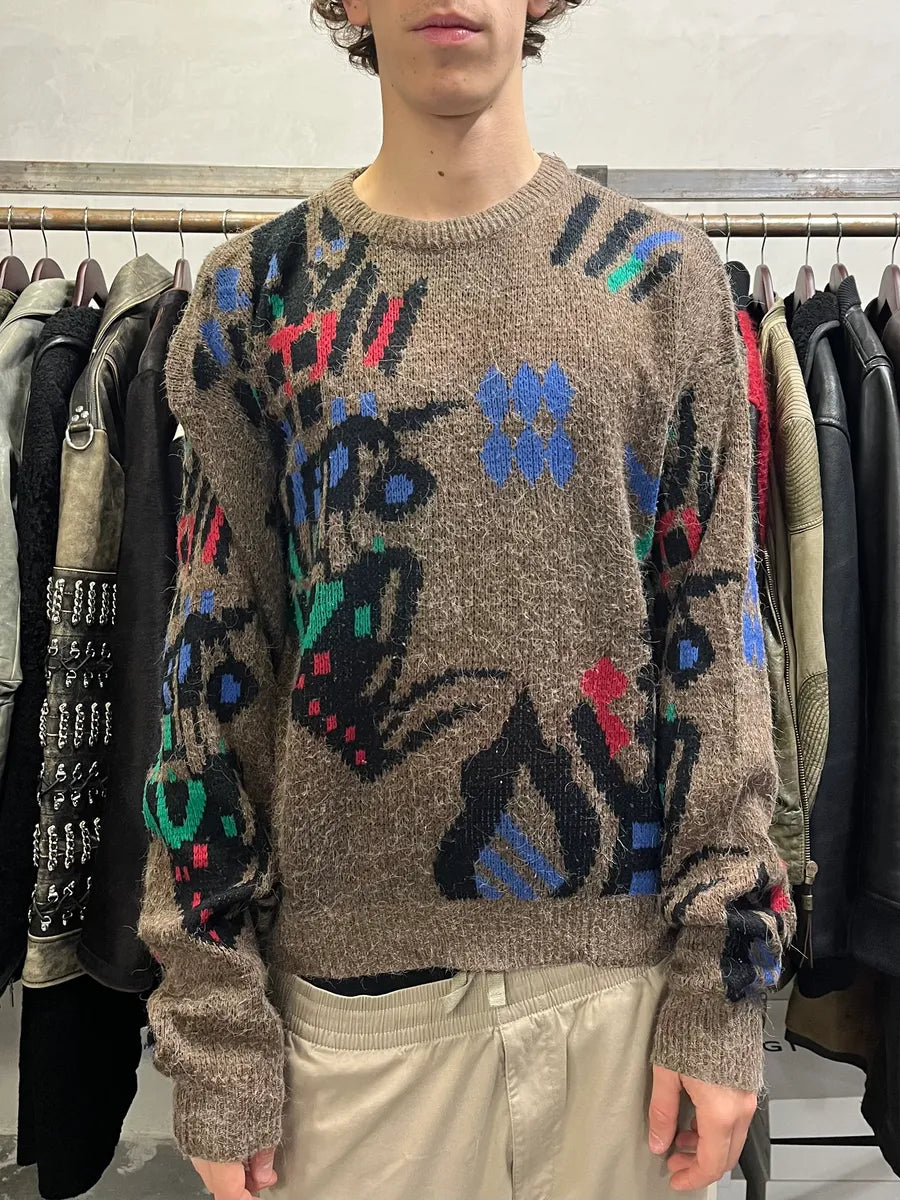 1990s Vintage Wool Brown Crazy Sweater (XL) xQcMbgk 1