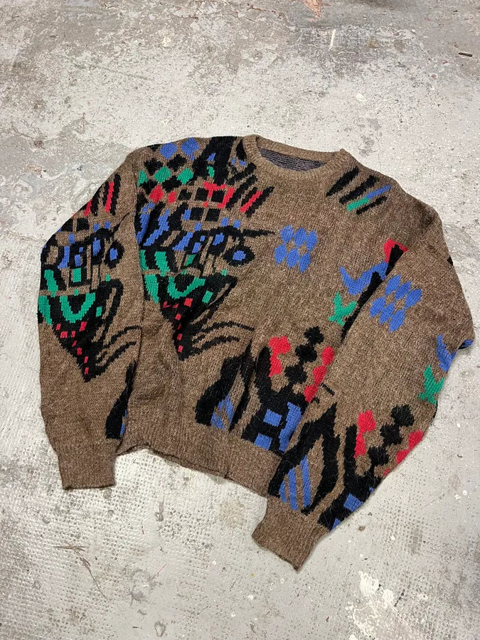 1990s Vintage Wool Brown Crazy Sweater (XL) xQcMbgk 3