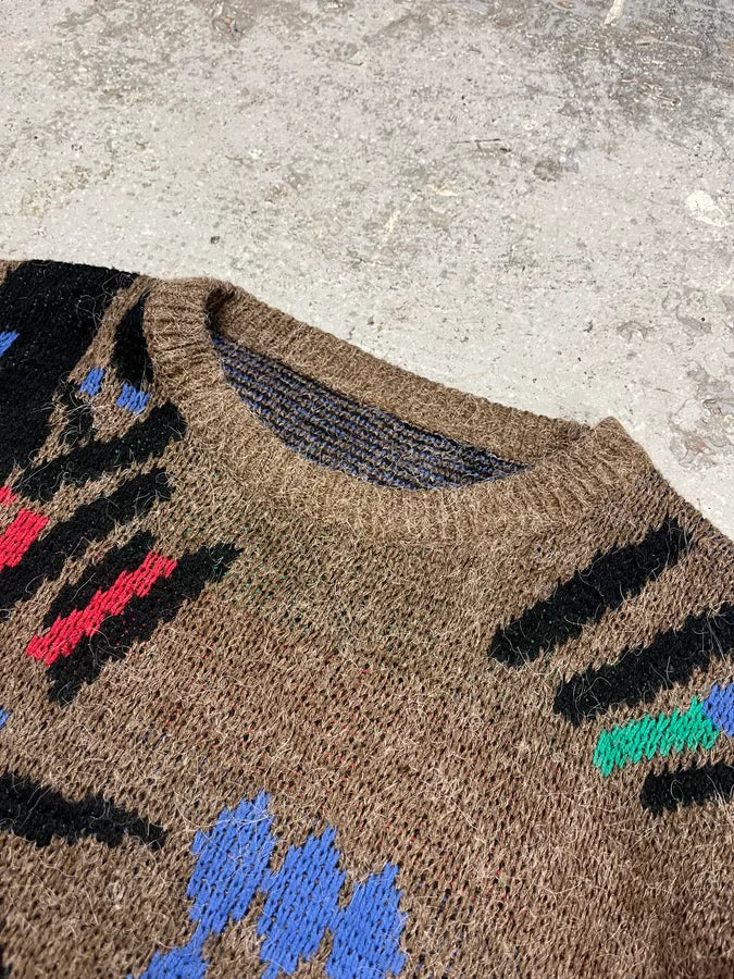 1990s Vintage Wool Brown Crazy Sweater (XL) xQcMbgk 4