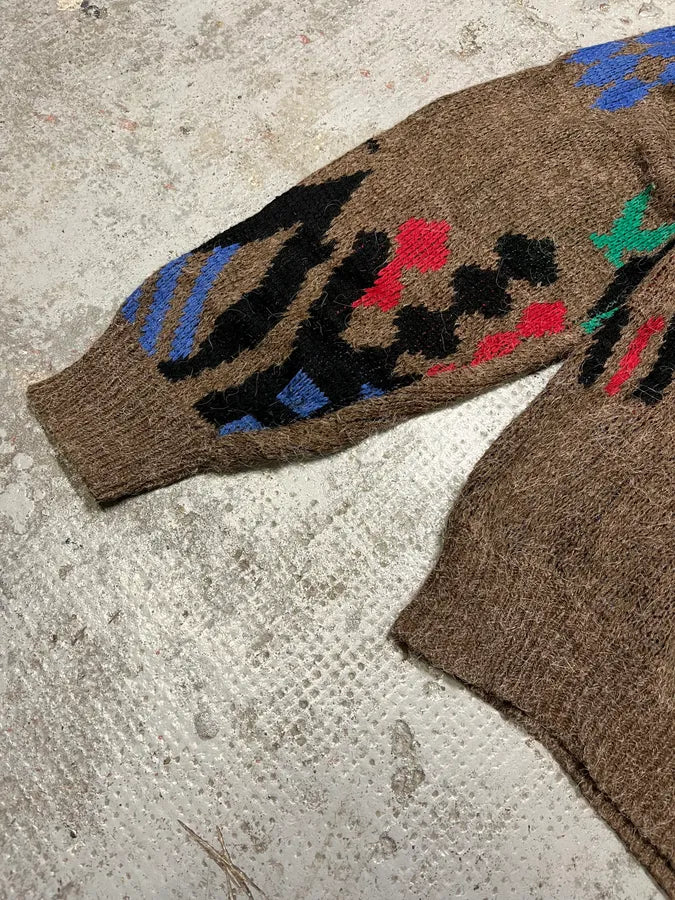 1990s Vintage Wool Brown Crazy Sweater (XL) xQcMbgk 5