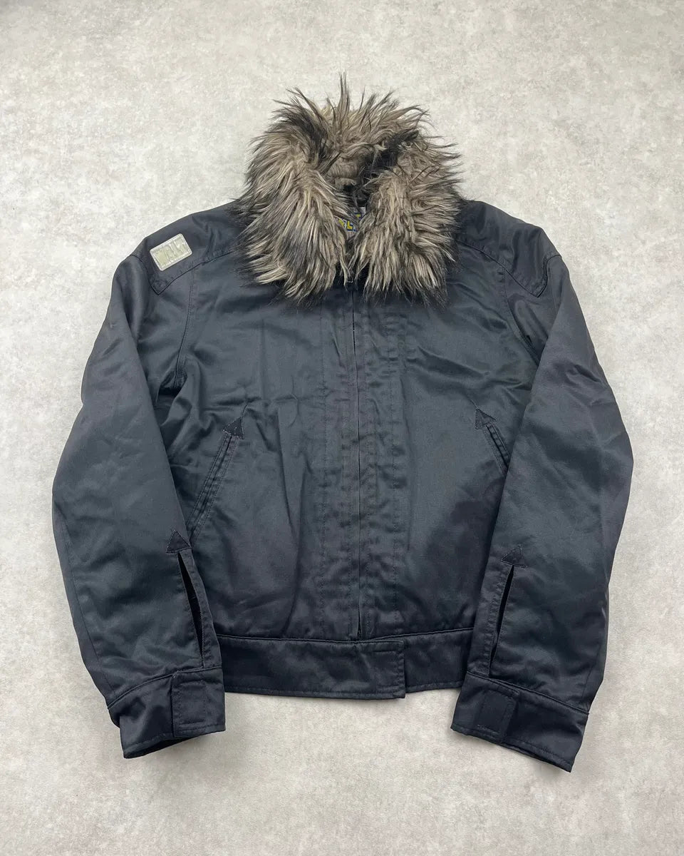 1990s Walter Van Beirendonck Faux Fur Collar Black Bomber Jacket yaesYxk 0
