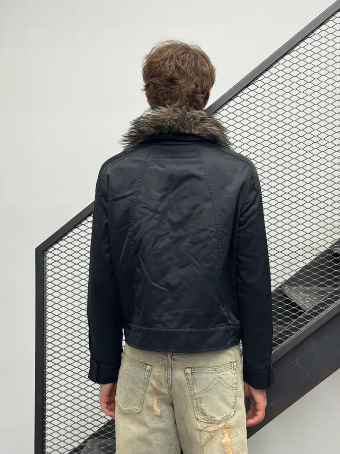 1990s Walter Van Beirendonck Faux Fur Collar Black Bomber Jacket yaesYxk 2
