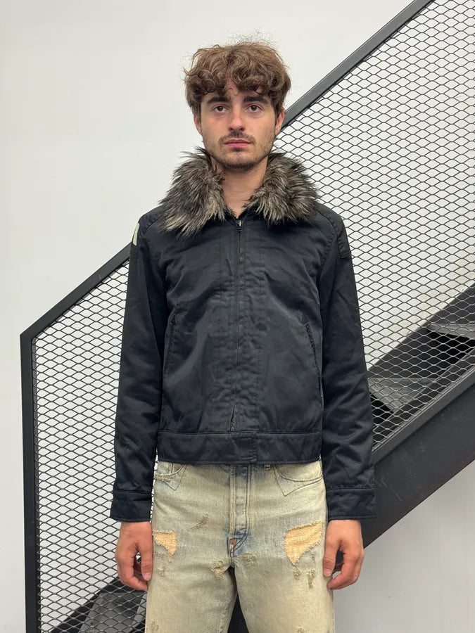 1990s Walter Van Beirendonck Faux Fur Collar Black Bomber Jacket yaesYxk 1