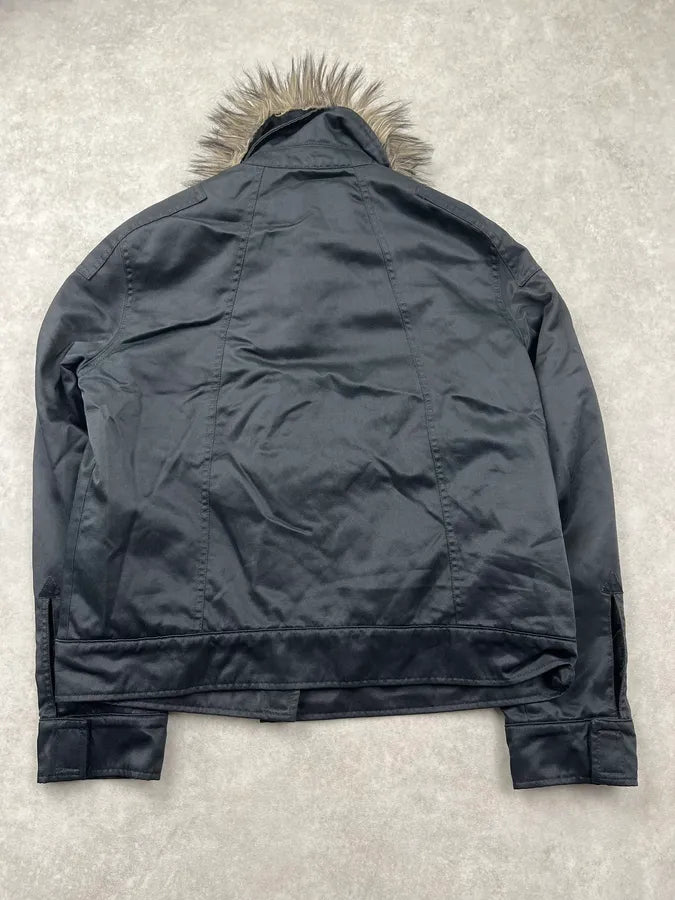 1990s Walter Van Beirendonck Faux Fur Collar Black Bomber Jacket yaesYxk 5