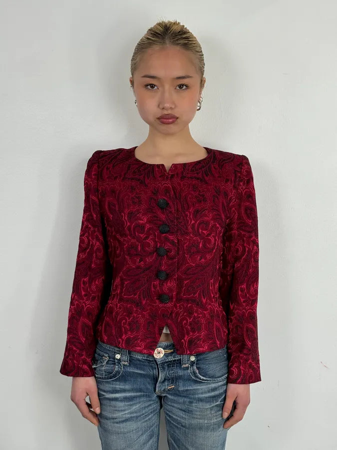 1990s Yves Saint Laurent Bordeaux Flowers Cardigan Buttoned Jacket lprIMOh 1