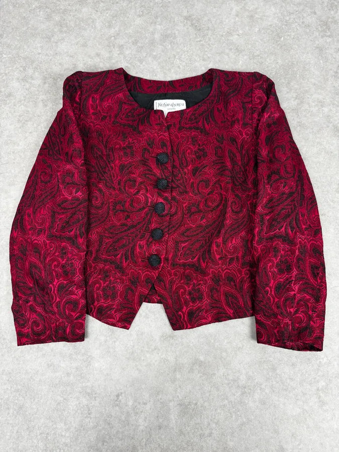 1990s Yves Saint Laurent Bordeaux Flowers Cardigan Buttoned Jacket lprIMOh 0