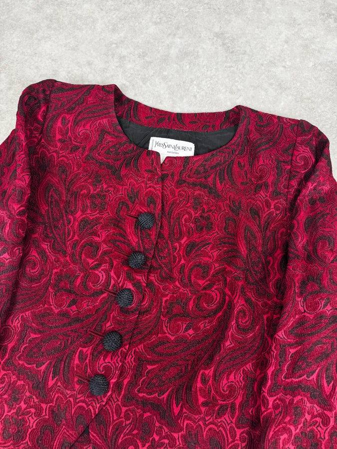 1990s Yves Saint Laurent Bordeaux Flowers Cardigan Buttoned Jacket lprIMOh 4