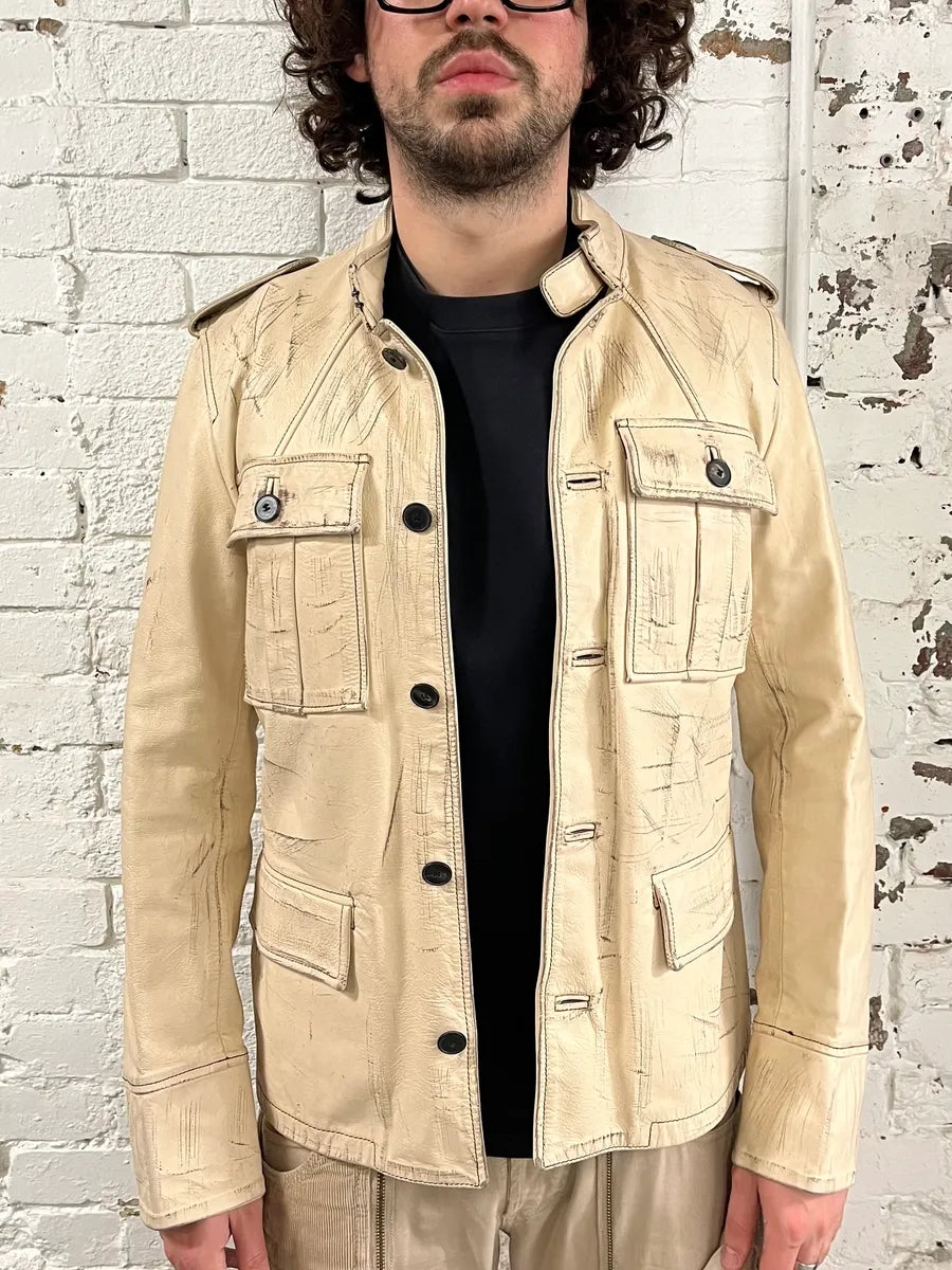 1990s Yves Saint Laurent Cream Leather Bomber Multi-Pocket Jacket gnbWblW 1
