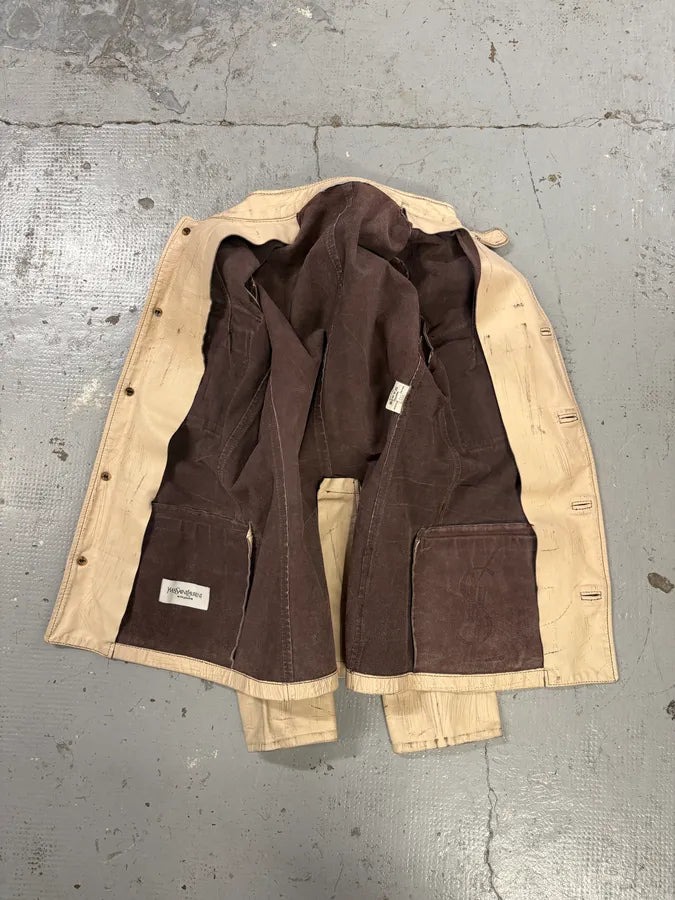 1990s Yves Saint Laurent Cream Leather Bomber Multi-Pocket Jacket gnbWblW 8