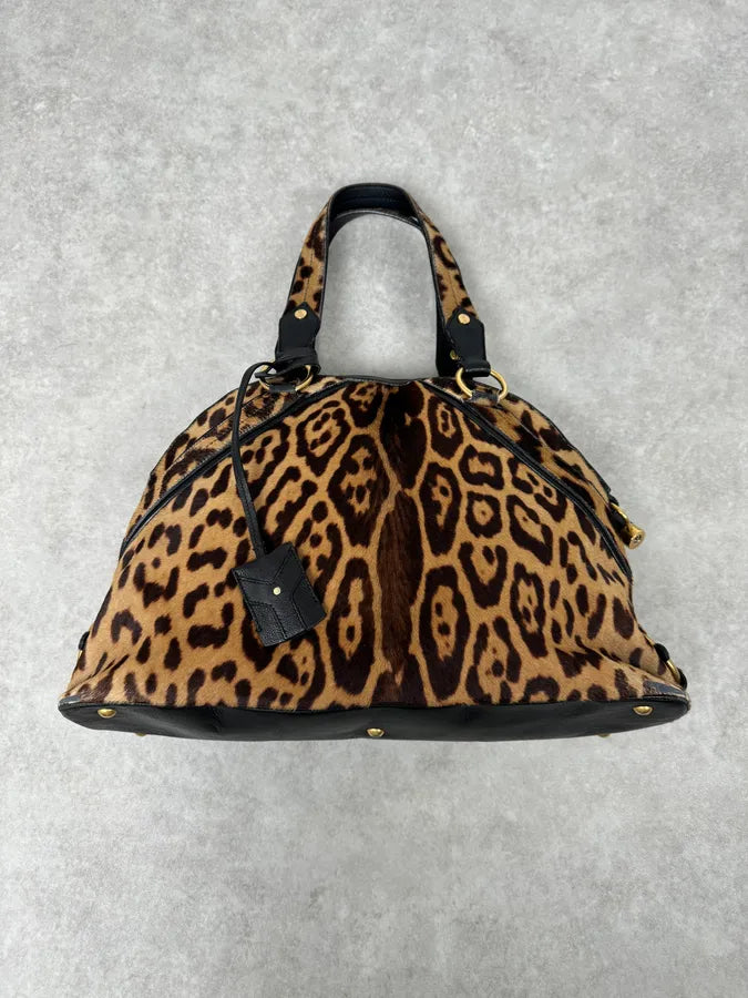 1990s Yves Saint Laurent Leopard Print Pony Hair Leather Handle Bag opqofUL 0
