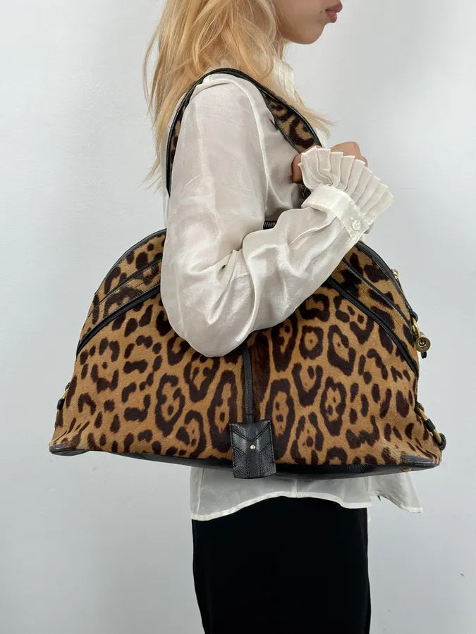 1990s Yves Saint Laurent Leopard Print Pony Hair Leather Handle Bag opqofUL 1