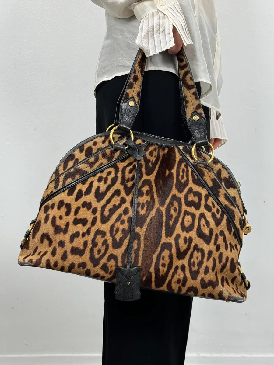 1990s Yves Saint Laurent Leopard Print Pony Hair Leather Handle Bag opqofUL 2