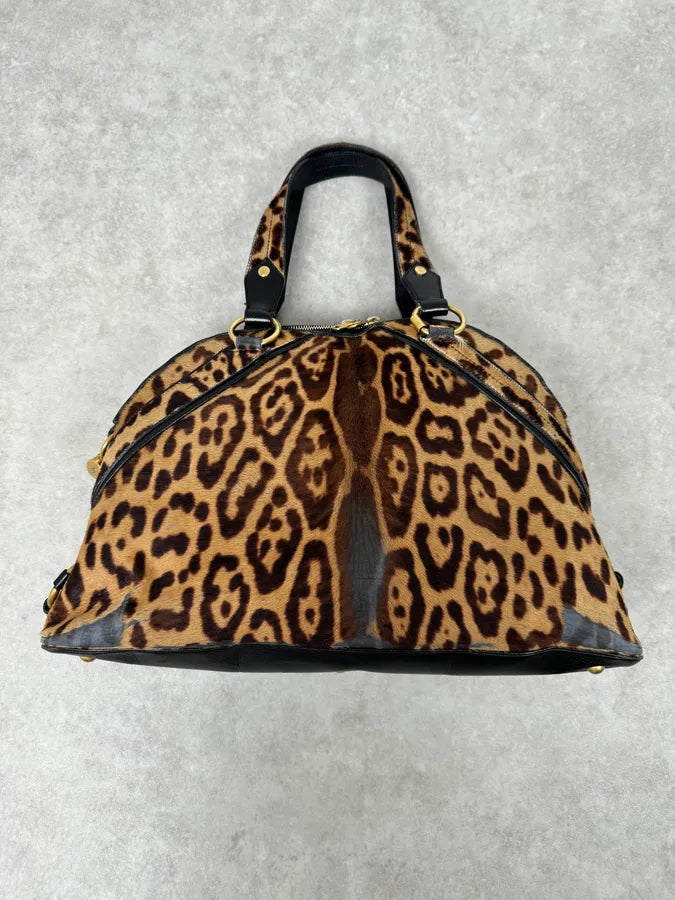 1990s Yves Saint Laurent Leopard Print Pony Hair Leather Handle Bag opqofUL 5