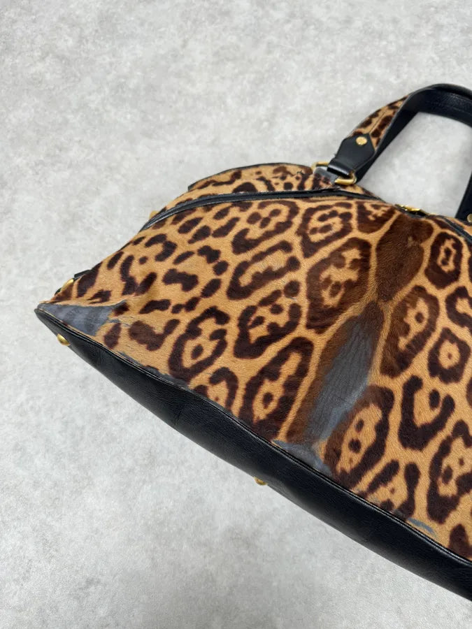 1990s Yves Saint Laurent Leopard Print Pony Hair Leather Handle Bag opqofUL 6