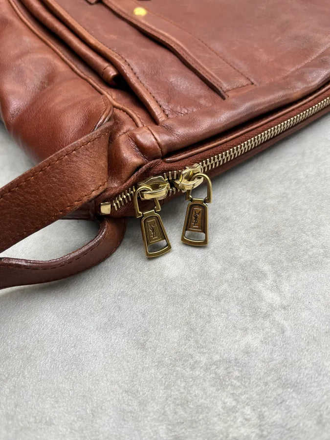 1990s Yves Saint Laurent Multi-Pocket Brown Leather Shoulder Bag ymjFLyr 4