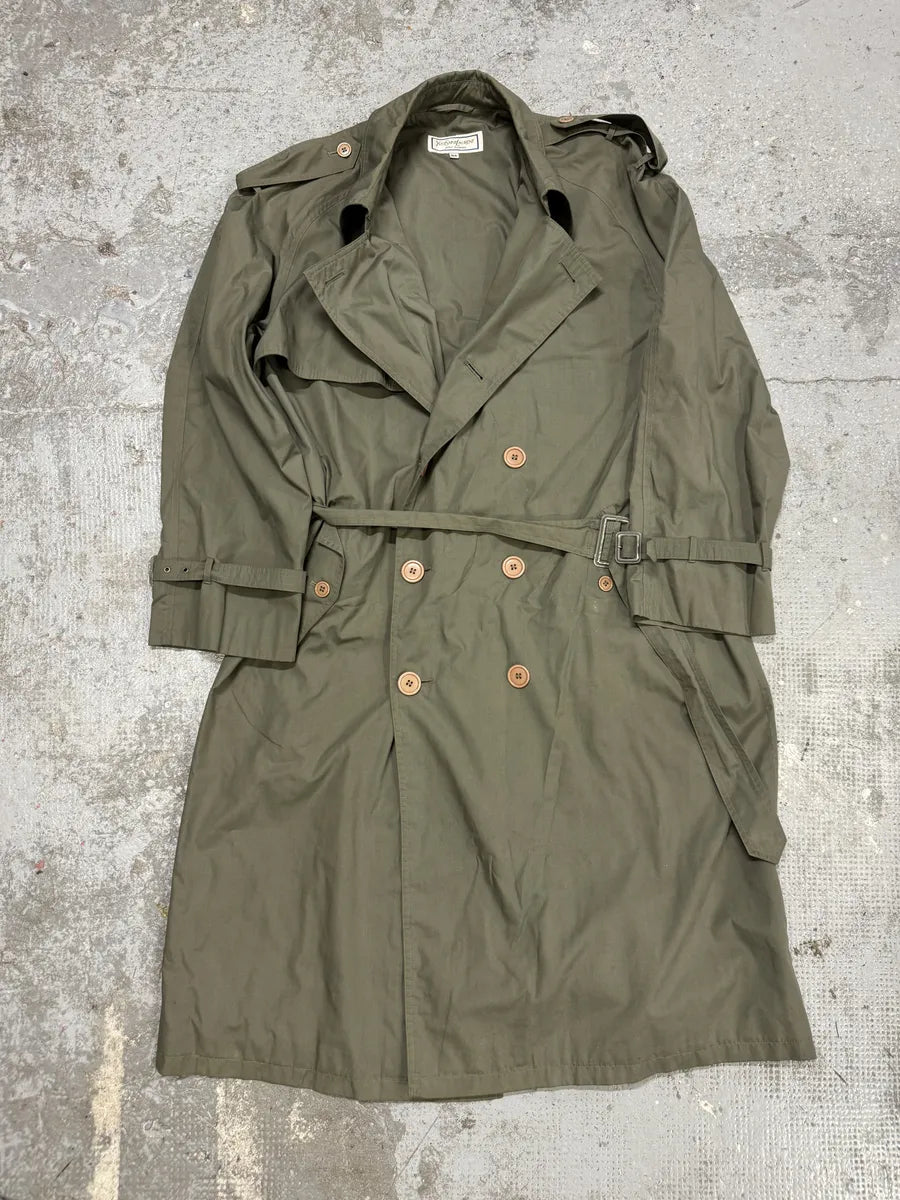 1990s Yves Saint Laurent Olive Buttoned Trench Jacket iwotOVa 3