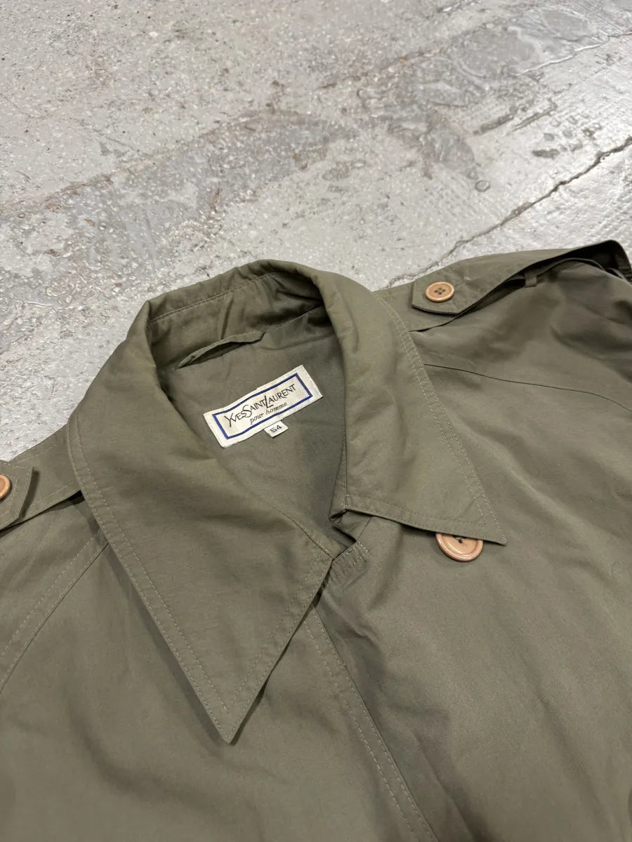 1990s Yves Saint Laurent Olive Buttoned Trench Jacket iwotOVa 5