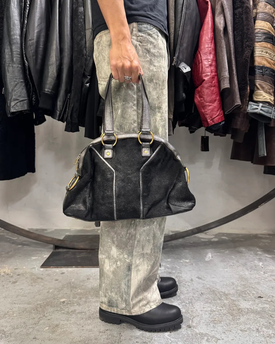 1990s Yves Saint Laurent Pony Hair Y Black Leather Handle Bag HmeZkVy 1