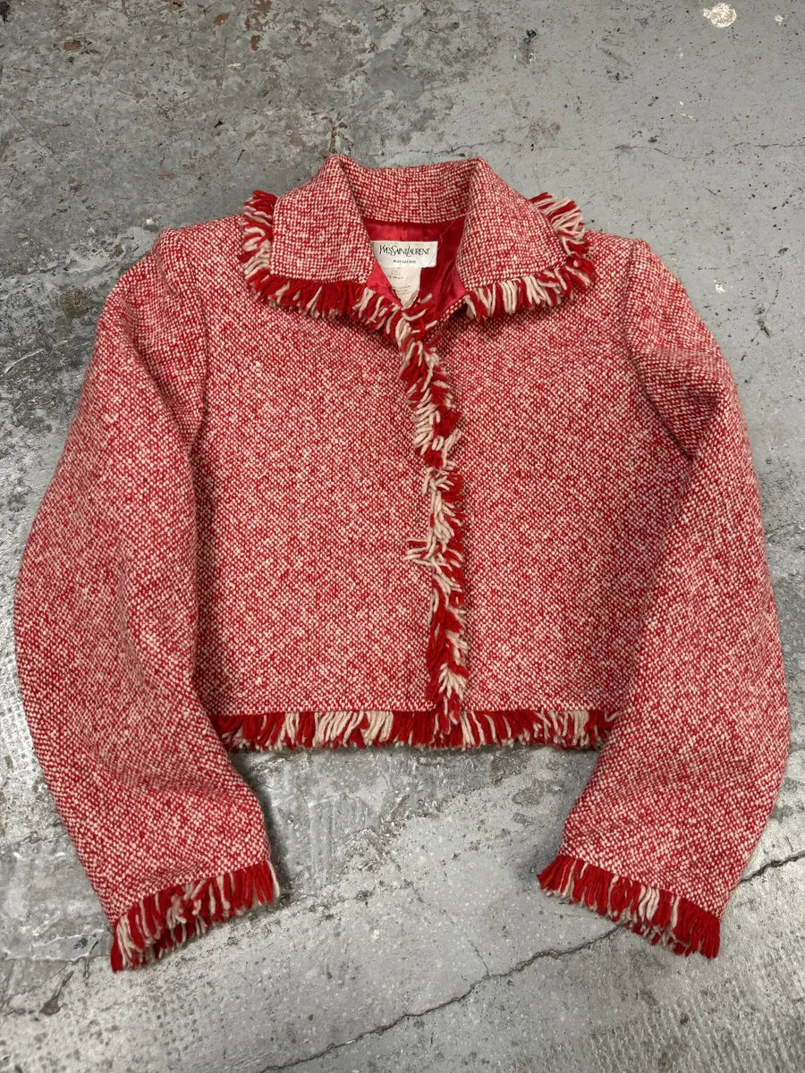 1990s Yves Saint Laurent Red & White Wool Fringe Jacket LKaXzvL 0