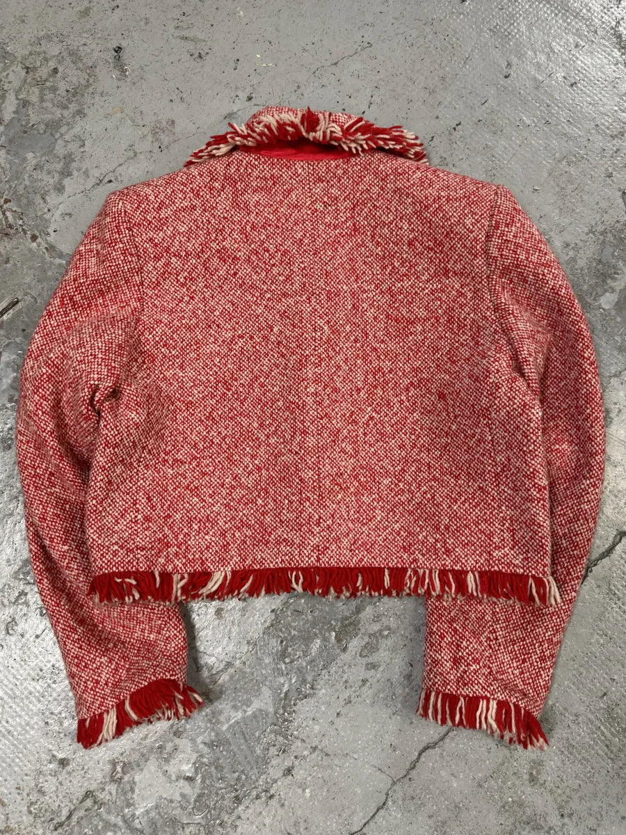 1990s Yves Saint Laurent Red & White Wool Fringe Jacket LKaXzvL 1