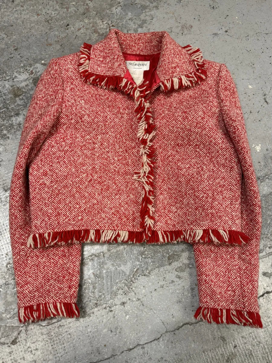 1990s Yves Saint Laurent Red & White Wool Fringe Jacket LKaXzvL 2