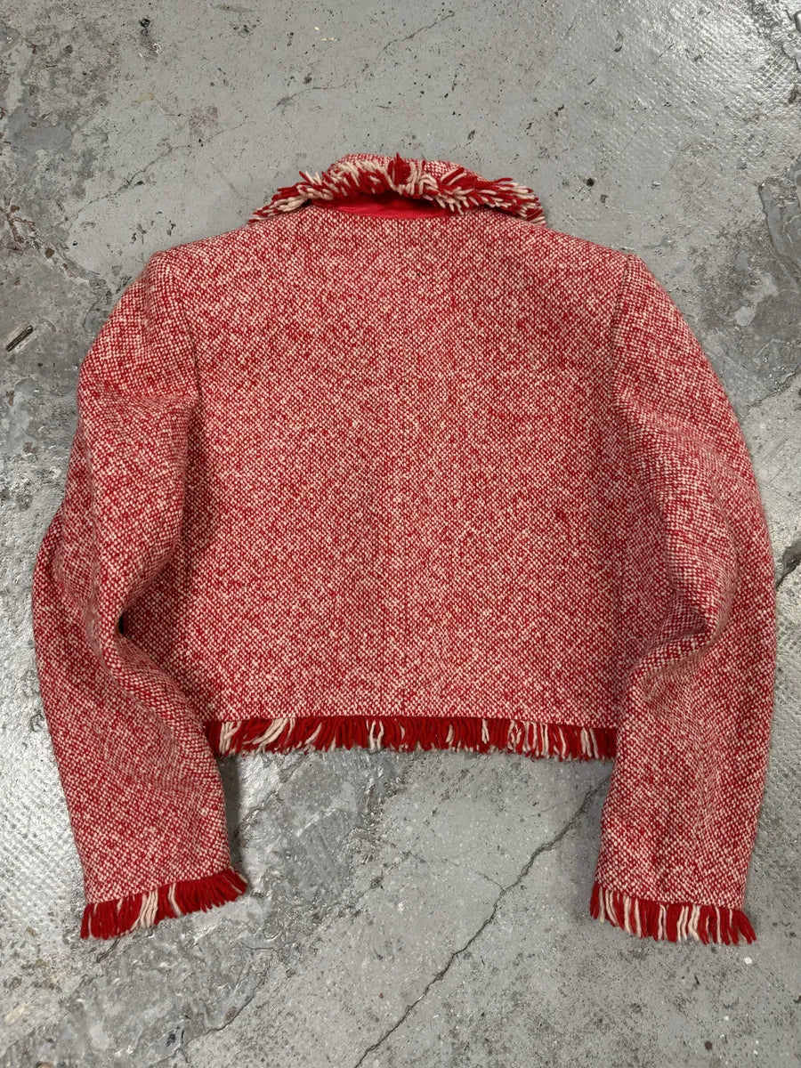 1990s Yves Saint Laurent Red & White Wool Fringe Jacket LKaXzvL 3
