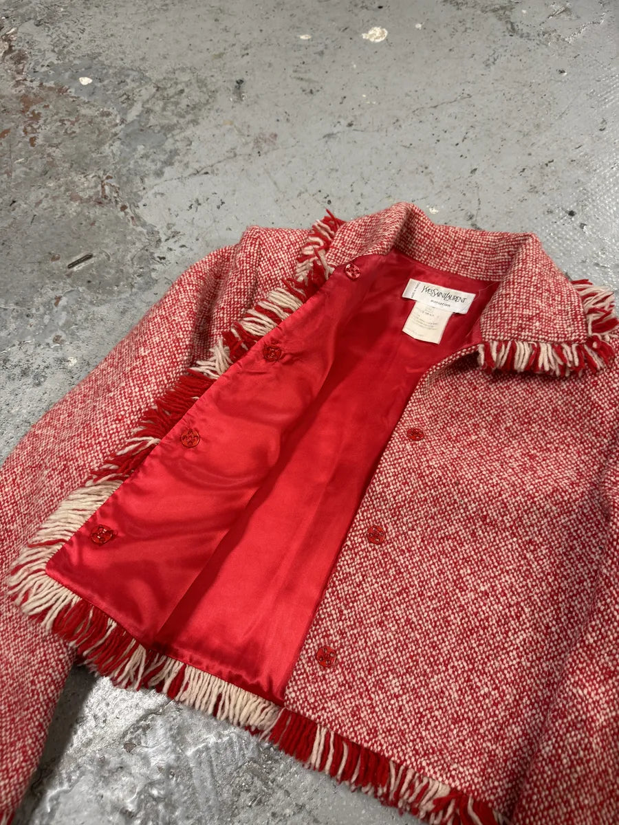 1990s Yves Saint Laurent Red & White Wool Fringe Jacket LKaXzvL 4