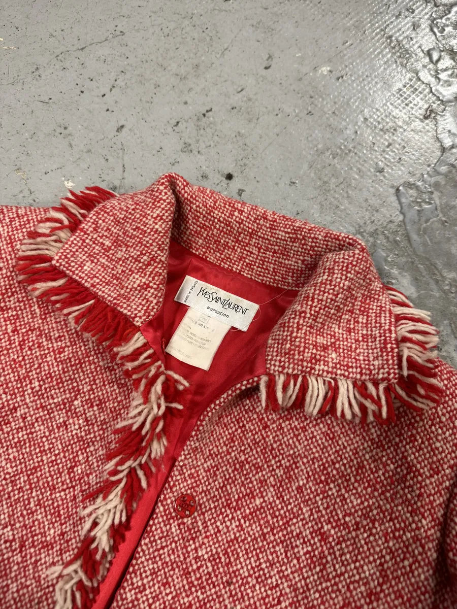 1990s Yves Saint Laurent Red & White Wool Fringe Jacket LKaXzvL 5