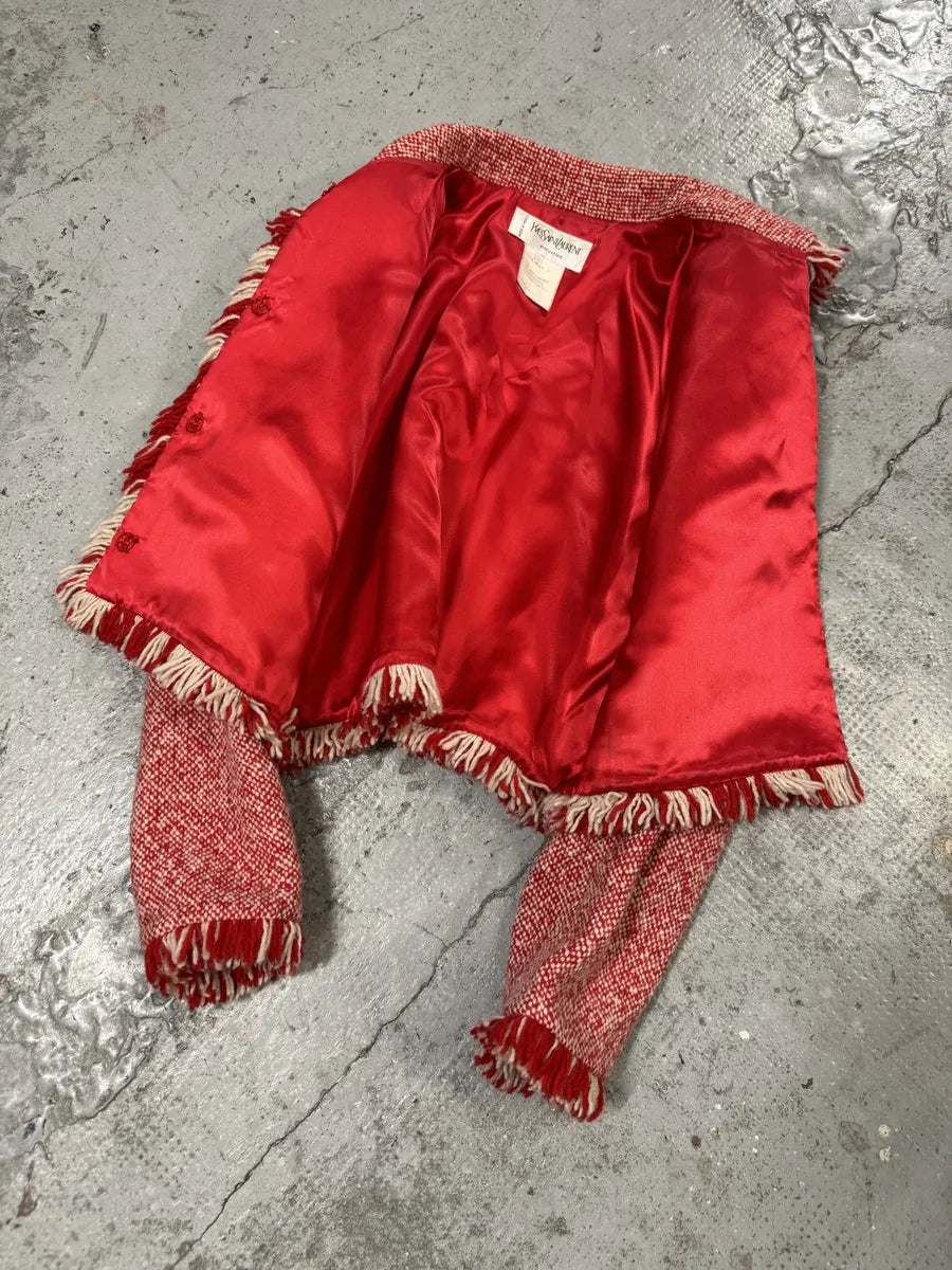 1990s Yves Saint Laurent Red & White Wool Fringe Jacket LKaXzvL 6