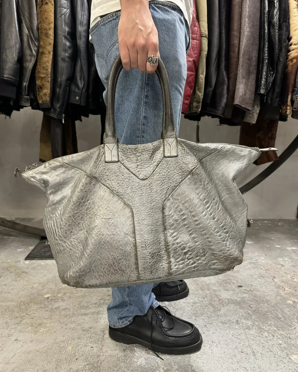1990s Yves Saint Laurent Silver Grey Y Patined Leather Bag (OS) 0