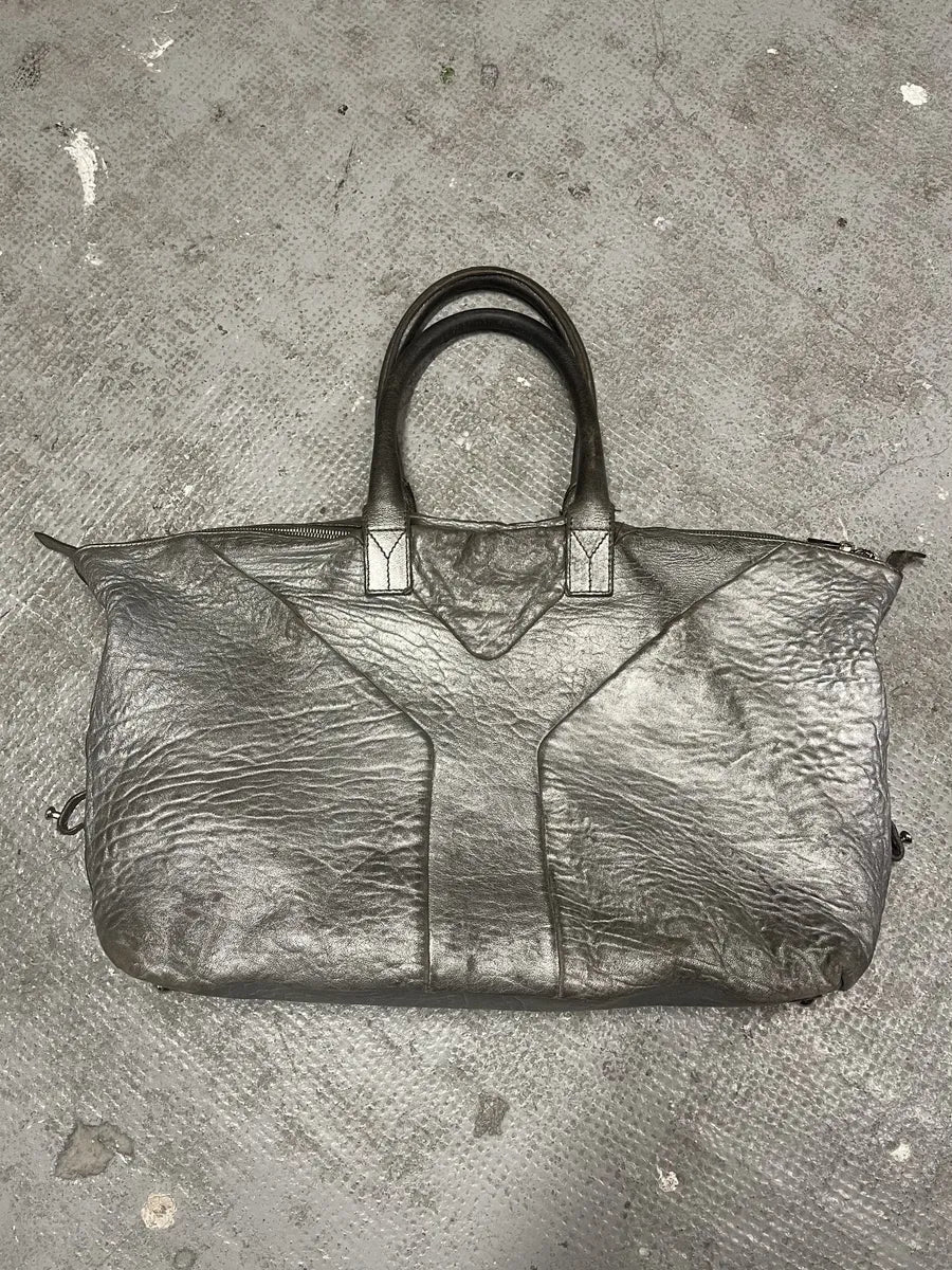 1990s Yves Saint Laurent Silver Grey Y Patined Leather Bag (OS) 1