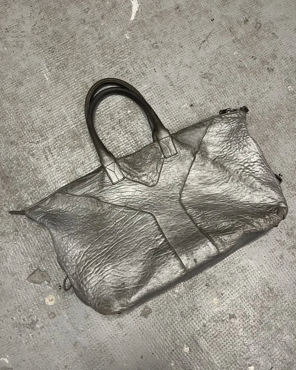 1990s Yves Saint Laurent Silver Grey Y Patined Leather Bag (OS) 2