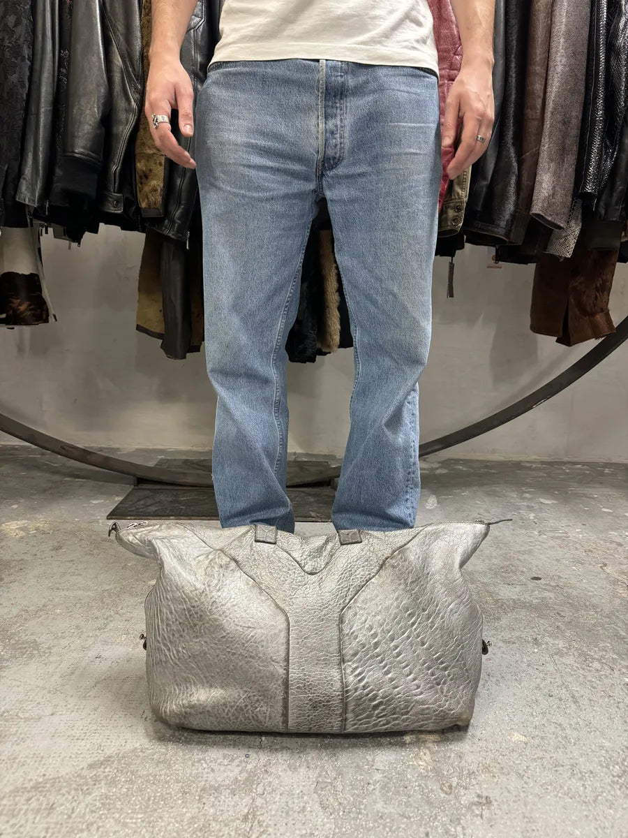 1990s Yves Saint Laurent Silver Grey Y Patined Leather Bag (OS) 3