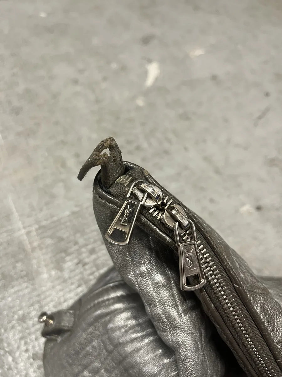 1990s Yves Saint Laurent Silver Grey Y Patined Leather Bag (OS) 4