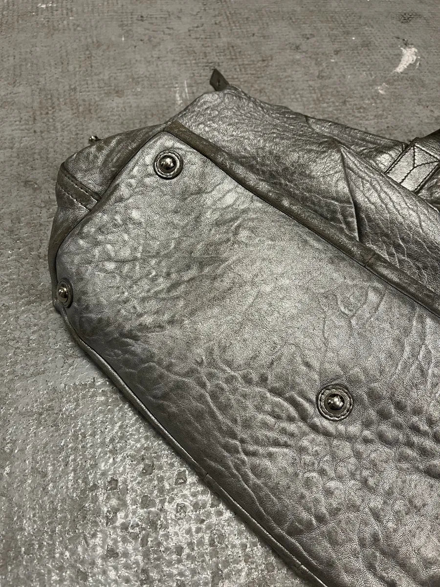 1990s Yves Saint Laurent Silver Grey Y Patined Leather Bag (OS) 5