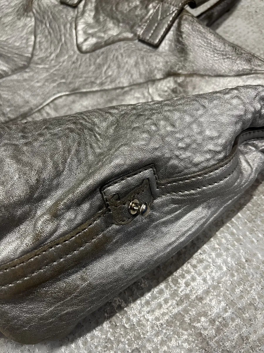 1990s Yves Saint Laurent Silver Grey Y Patined Leather Bag (OS) 7