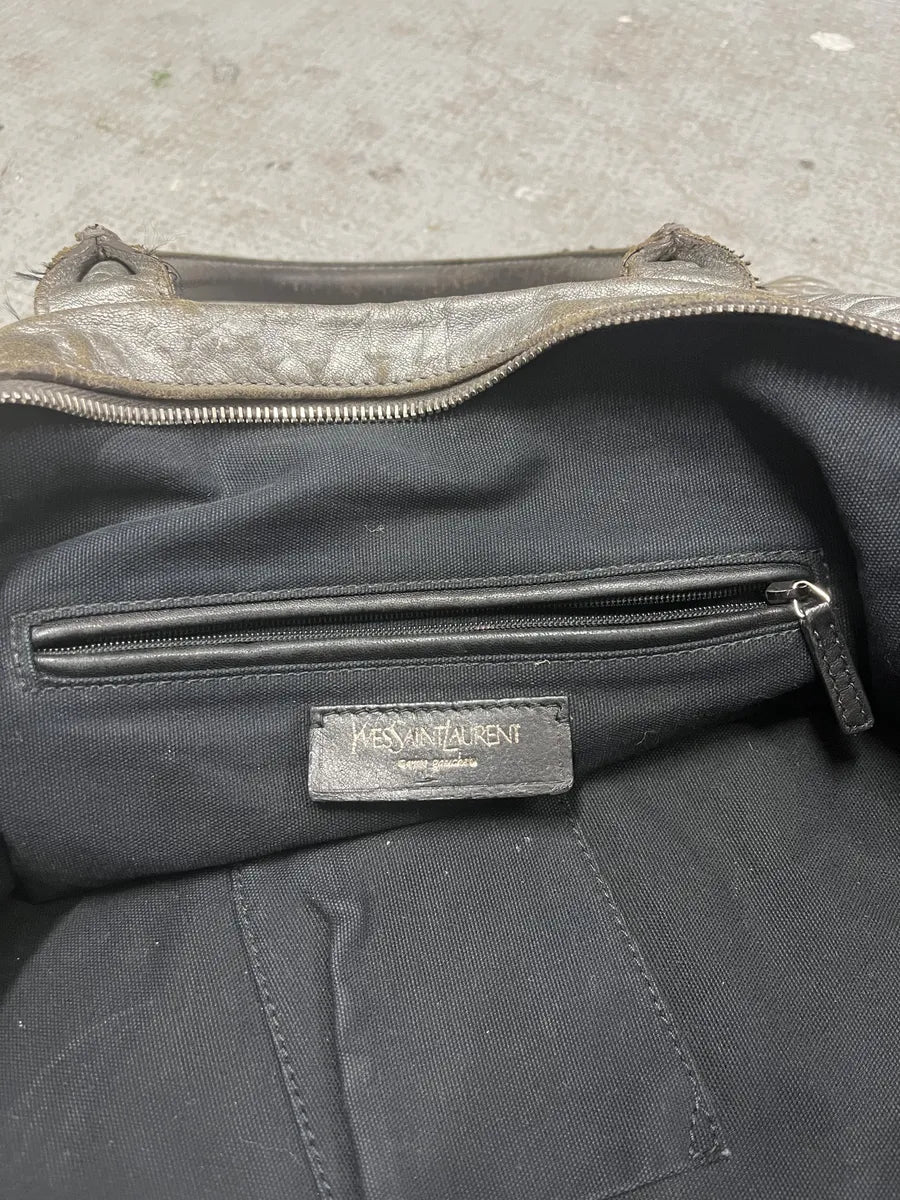 1990s Yves Saint Laurent Silver Grey Y Patined Leather Bag (OS) 9